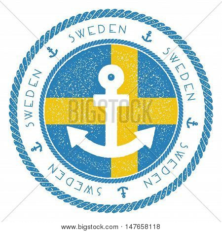 Nautical Travel Stamp With Sweden Flag And Anchor. Marine Rubber Stamp, With Round Rope Border And A