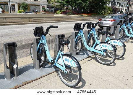 CHICAGO - SEPTEMBER 5, 2016: Divvy Bike Share Station. A program of the Chicago Department of Transportation (CDOT), with thousands of bikes available at more than 580 stations.