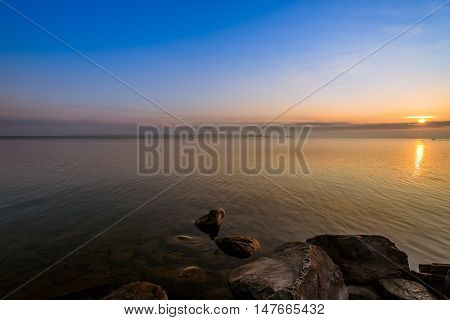 View of Simcoe lake during sunrise from Sibbald Point Provincial Park, Ontario, Canada
