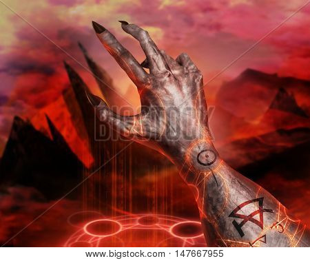 3D illustration of a first person view demonic hand magic. 3d first person view demonic hand with claws casting pentacle fire sign on a  hellish landscape background.