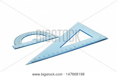 Set of multiple blue plastic rulers and the protractor isolated over the white background
