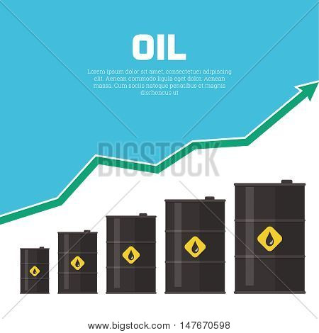 Tanks with oil and the schedule of growth. Concept of increase in prices for oil. A vector illustration in flat style.