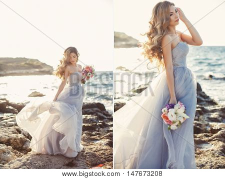 A collage of two photos-happy bride white wedding dress,off-shoulder beautiful long curly blonde hair,bride posing alone,standing on the rocky shore with a wedding bouquet of flowers on a background clear sky and blue ocean in summe