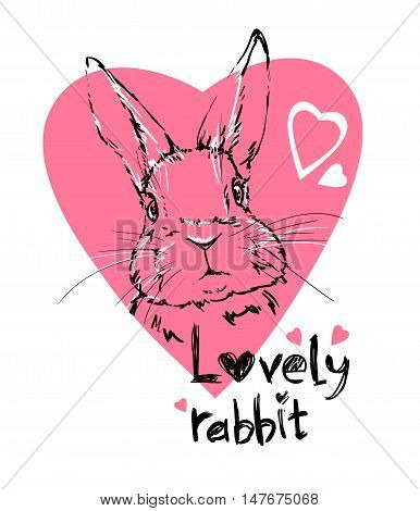 illustration of a cute bunny, vector rabbit. Illustration card valentines day. heart.  print design