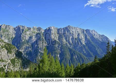 The alpine scenery along the Mangrt Road on Mangrt mountain the third highest peak in Slovenia. The 12km road built by the Italian army in 1938 is the highest road in Slovenia.