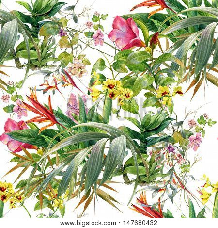 Watercolor painting of leaf and flowers seamless pattern on white background