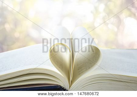 Heart from a book page vintage style close up heart shape from paper book with bokeh in soft light in morning (blur background) concept for valentine's day