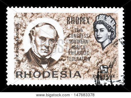 RHODESIA - CIRCA 1966 : Cancelled postage stamp printed by Rhodesia, that shows Sir Rowland Hill.
