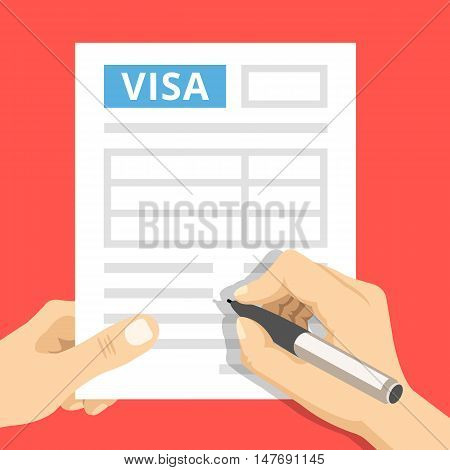 Man hands filling out visa application. Modern concept for web sites, web banners, printed materials, infographics. Creative flat design vector illustration