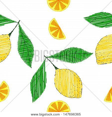 Hand drawn sketch style set of lemon fruit with leafs and sliced lemon. Seamless pattern in color, isolated on white background