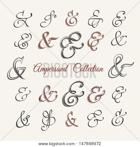 Collection of hand drawn ampersands in variuos styles. Vector illustration.