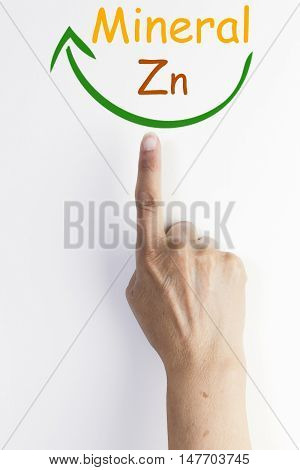 Senior woman's hands and finger showing mineral zn. isolated on white background