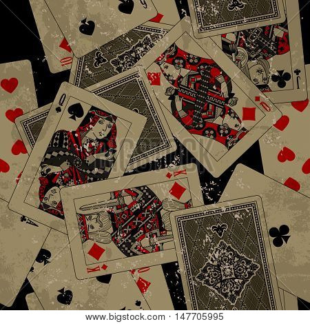 Playing cards seamless pattern background in grunge style. Vintage original design