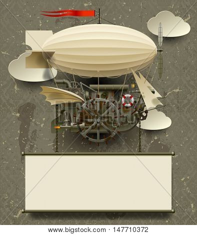 Vintage Steam punk template with a complex fantastic flying ship. Web page design in retro and grunge style. 3D Illustration. Contains the Clipping Path