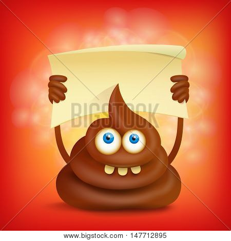 Funny cartoon poop cut emoji character with banner. Vector illustration