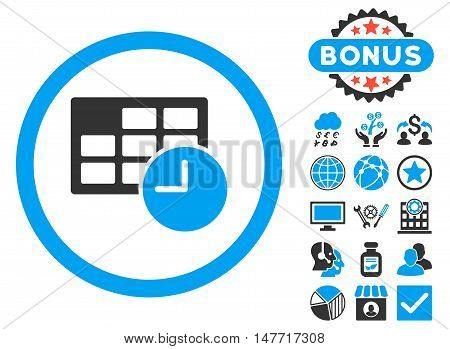 Date and Time icon with bonus symbols. Vector illustration style is flat iconic bicolor symbols, blue and gray colors, white background.