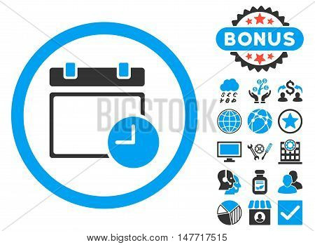 Date and Time icon with bonus design elements. Vector illustration style is flat iconic bicolor symbols, blue and gray colors, white background.