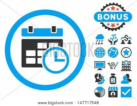 Date and Time icon with bonus pictogram. Vector illustration style is flat iconic bicolor symbols, blue and gray colors, white background.