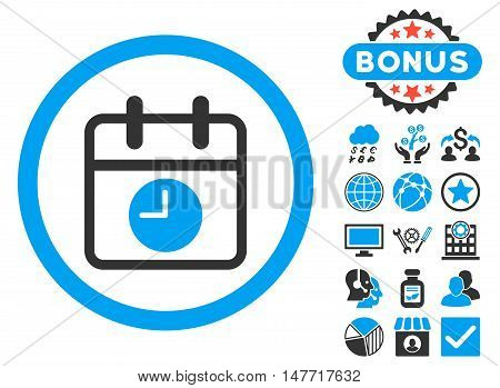 Date and Time icon with bonus symbols. Vector illustration style is flat iconic bicolor symbols blue and gray colors white background.
