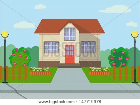 Colorful eco cottage house with lights, lawns, flowers, blue sky and garden objects in flat style.
