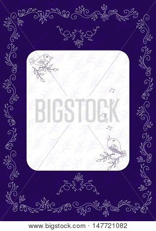 floral frame greeting celebration wedding invitation valentine dark night birds sing song flowers leaves background note melody