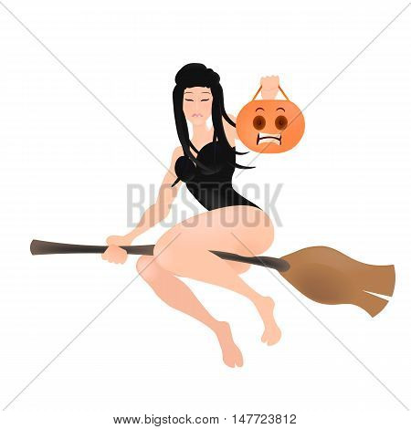 half-naked witch flying on the broom, girl with broom on white background, vector illustration for Halloween