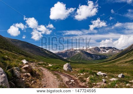 Road to Ukok plateau in Altay Mountains Russia