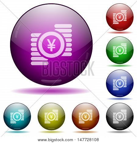Set of color Yen coins glass sphere buttons with shadows.