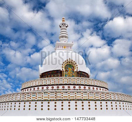 Shanti Stupa (Peace Pagoda) on a hilltop in Chanspa in Leh, Jammu and Kashmir, North India.
