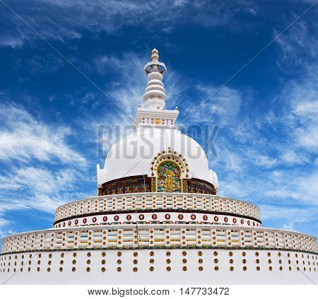 Shanti Stupa view on a hilltop in Chanspa in Leh, Jammu and Kashmir state, North India.