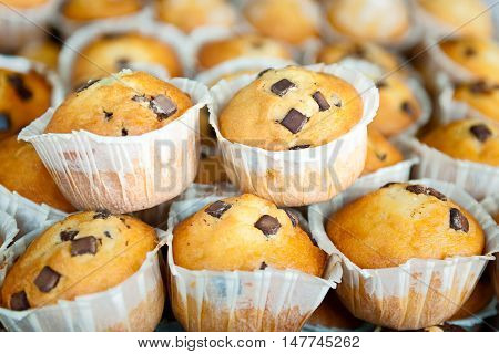 chocolate chip muffins in the foreground stacked together