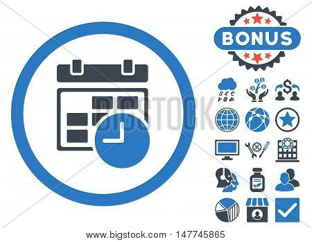 Date and Time icon with bonus pictures. Vector illustration style is flat iconic bicolor symbols, smooth blue colors, white background.