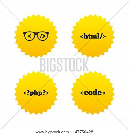 Programmer coder glasses icon. HTML markup language and PHP programming language sign symbols. Yellow stars labels with flat icons. Vector