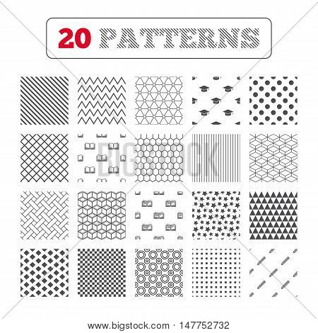 Ornament patterns, diagonal stripes and stars. Pencil and open book icons. Graduation cap symbol. Higher education learn signs. Geometric textures. Vector