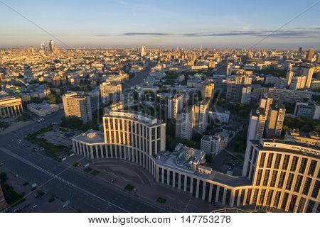 View from Business Center Domnikov to Sakharov avenue at sunrise in Moscow, Russia
