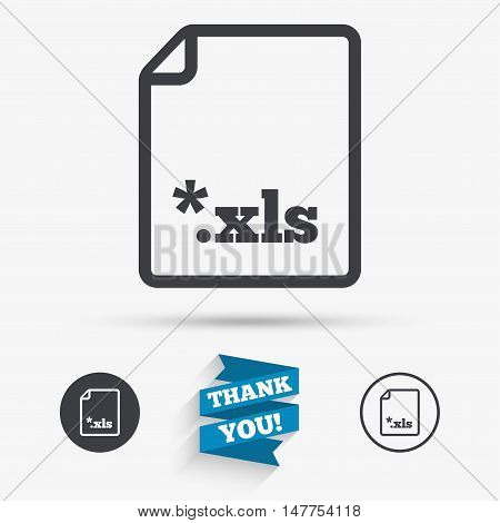 Excel file document icon. Download xls button. XLS file extension symbol. Flat icons. Buttons with icons. Thank you ribbon. Vector