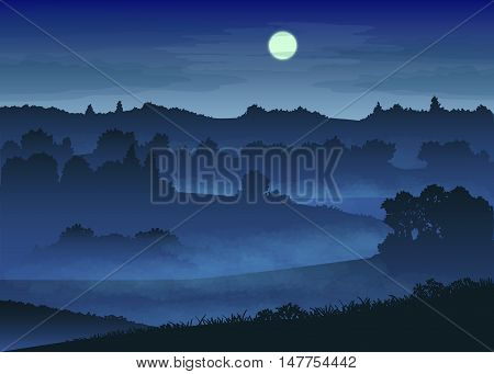 vector illustration with color misty landscape in the moonlight