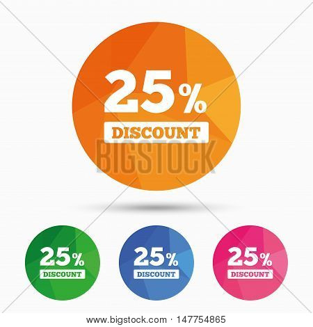 25 percent discount sign icon. Sale symbol. Special offer label. Triangular low poly button with flat icon. Vector
