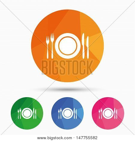 Plate dish with forks and knifes. Eat sign icon. Cutlery etiquette rules symbol. Triangular low poly button with flat icon. Vector