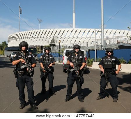 NEW YORK - AUGUST 30, 2016: NYPD counter terrorism officers providing security at National Tennis Center during US Open 2016 in New York