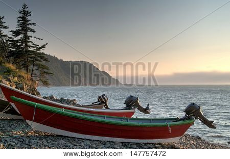 Boats on the Whistle beach on Grand Manan New Brunswick