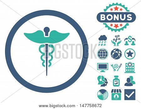 Caduceus icon with bonus symbols. Vector illustration style is flat iconic bicolor symbols, cobalt and cyan colors, white background.