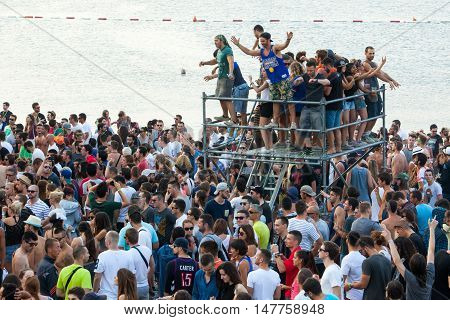 BUDVA- JULY 19.2015. IN BUDVA, JAZ BEACH, MONTENEGRO  : CROWD IN FRONT OF THE MAIN STAGE AT SEA DANCE FESTIVAL 2015 MUSIC FESTIVAL