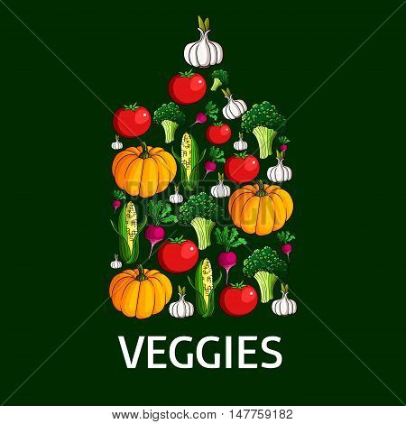 Healthy vegetables in a shape of cutting board with fresh tomato, broccoli, radish, corn, garlic and pumpkin vegetables. Healthy vegetarian food, organic farming, farm market design