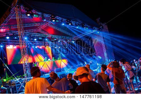 BUDVA- JULY 15.2015. IN BUDVA, JAZ BEACH, MONTENEGRO  : CROWD IN FRONT OF THE MAIN STAGE AT SEA DANCE FESTIVAL 2015 MUSIC FESTIVAL