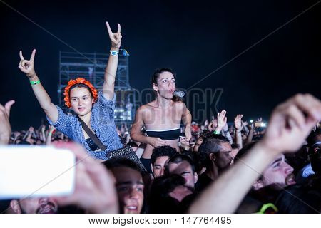 BUDVA- JULY 16 2015: CROWD IN FRONT OF THE MAIN STAGE AT SEA DANCE FESTIVAL 2015 MUSIC FESTIVAL JULY 16 2015 IN BUDVA JAZ BEACH MONTENEGRO