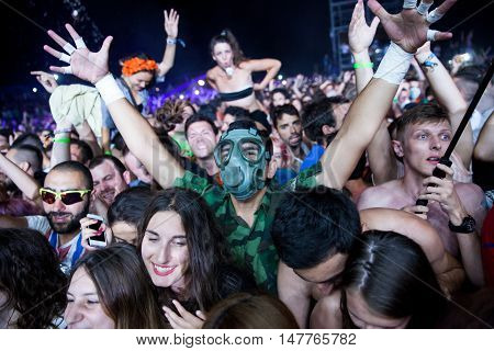 BUDVA- JULY 16 2015: CROWD IN FRONT OF THE MAIN STAGE AT SEA DANCE FESTIVAL 2015 MUSIC FESTIVAL JULY 16 2015 IN BUDVA JAZ BEACH MONTENEGRO