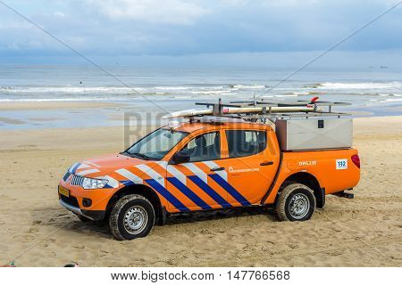 Kijkduin beach the Netherlands - September 17 2016: surf life saving vehicle on the beach