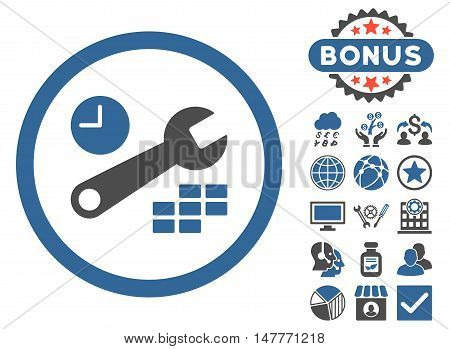 Date and Time Configuration icon with bonus design elements. Vector illustration style is flat iconic bicolor symbols, cobalt and gray colors, white background.