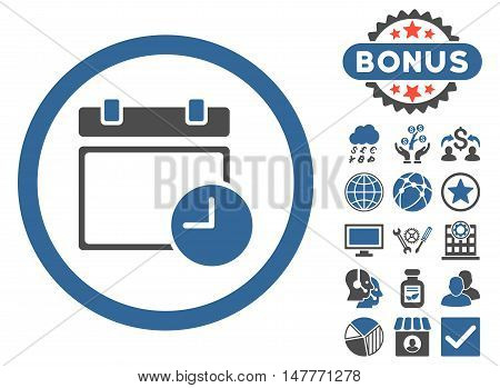 Date and Time icon with bonus pictogram. Vector illustration style is flat iconic bicolor symbols, cobalt and gray colors, white background.